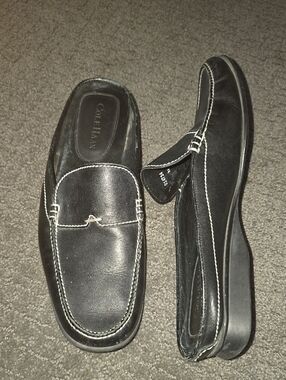 Cole Haan Black Leather Slip-On Loafers with White Contrast Stitching